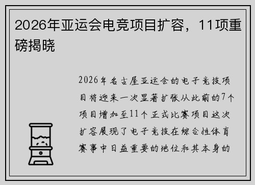 2026年亚运会电竞项目扩容，11项重磅揭晓