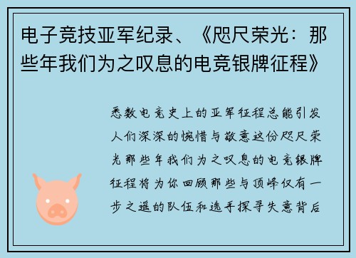 电子竞技亚军纪录、《咫尺荣光：那些年我们为之叹息的电竞银牌征程》